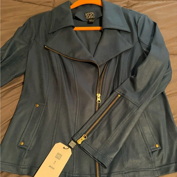 NWT Clara Sunwoo liquid leather single zip jacket size S blue-green color - Picture 3 of 8